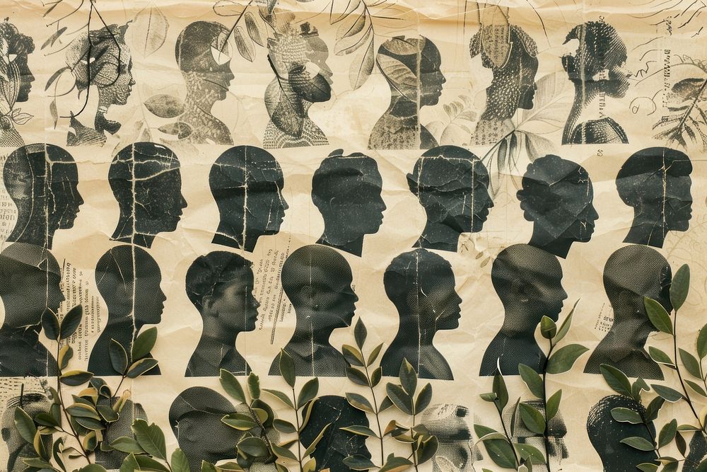 Crowd of diverse people black faces ephemera border backgrounds collage art.