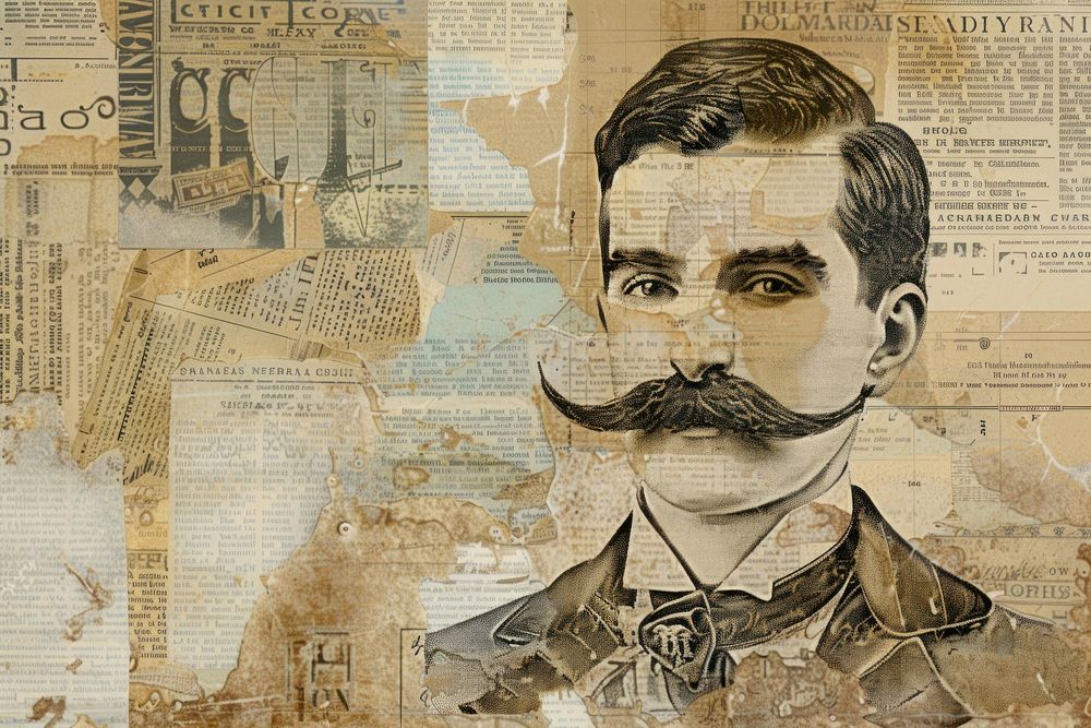Close up victorian man moustache ephemera border backgrounds drawing collage.
