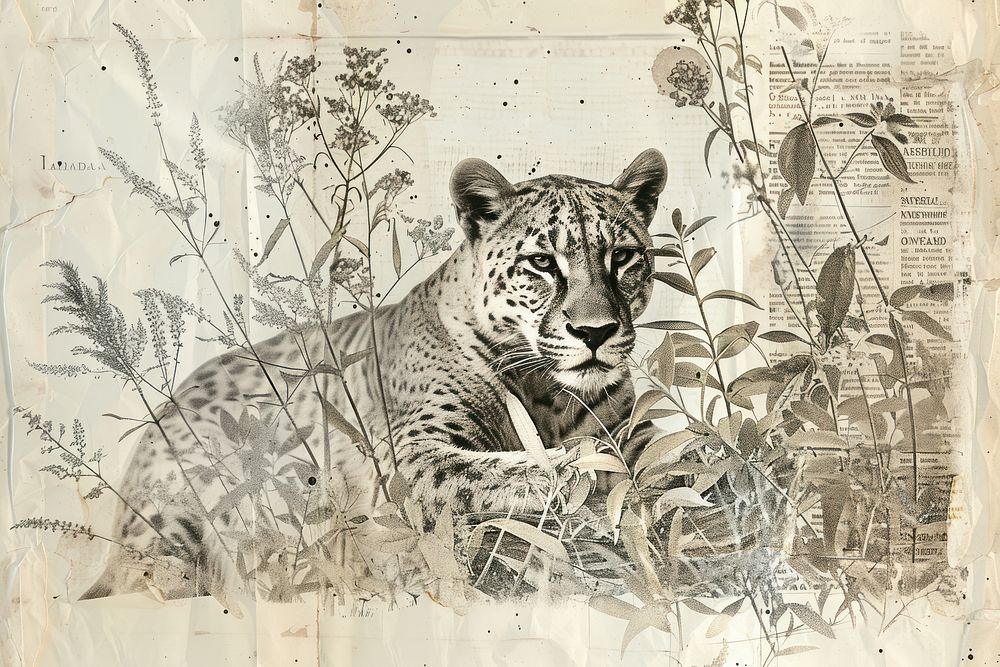 Pantha portrait ephemera border wildlife drawing animal.