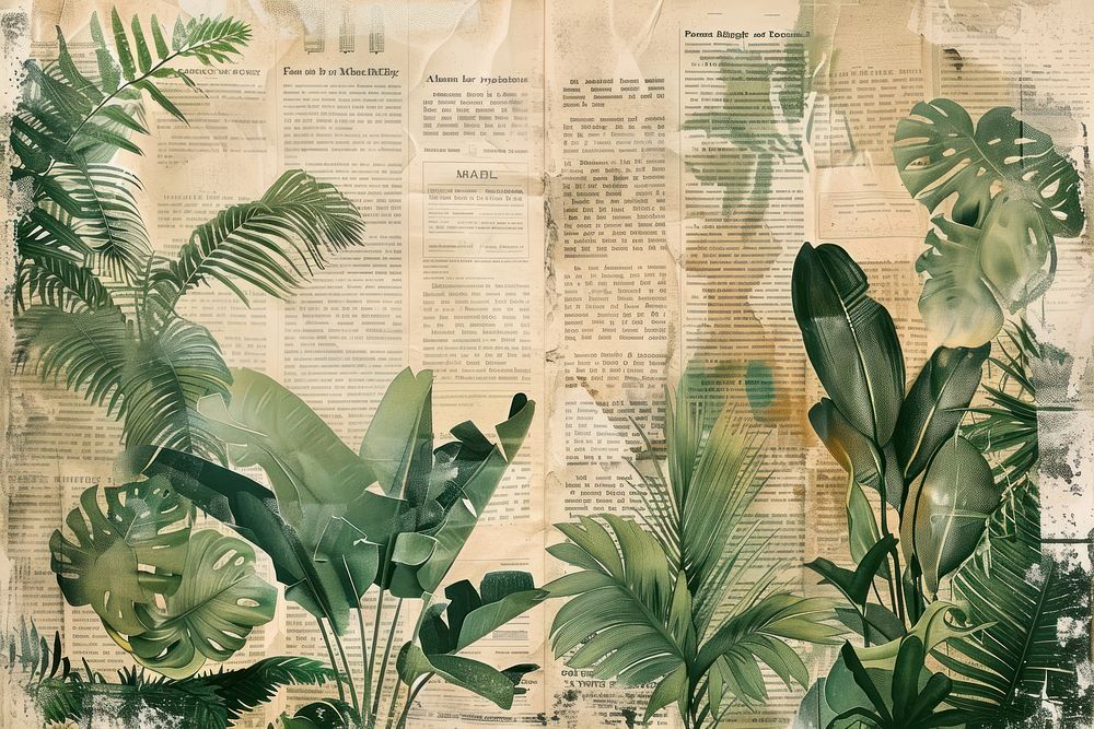 Tropical leaves ephemera border backgrounds newspaper collage.