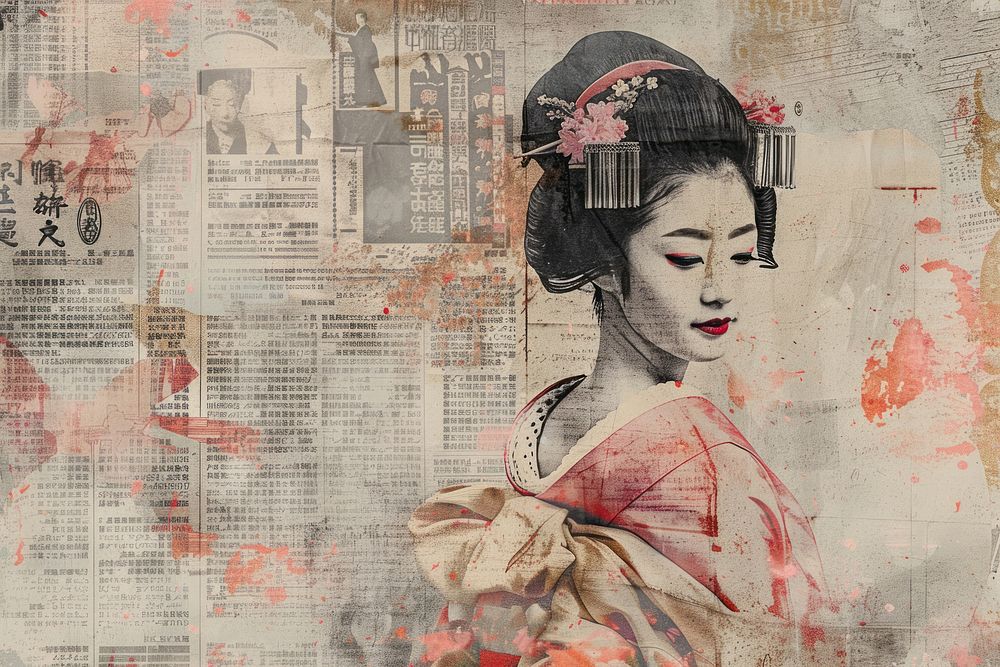 Japanese geisha ephemera border collage adult text.