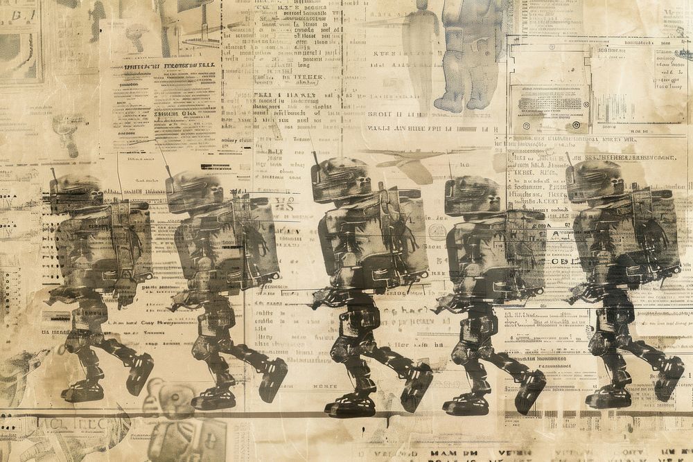 Robots marching ephemera border backgrounds drawing paper.