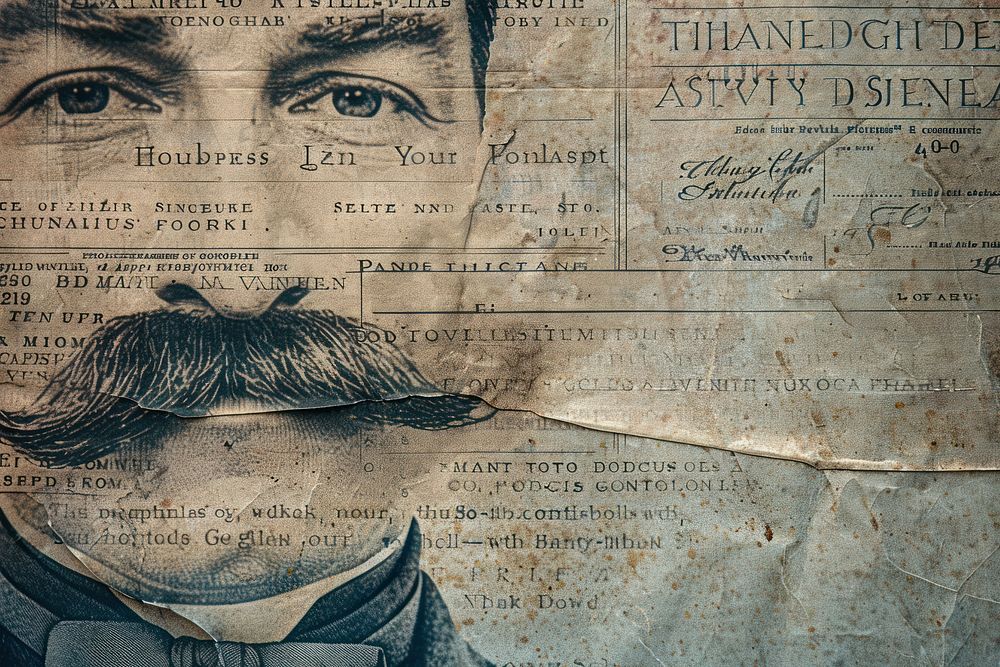 Close up victorian man moustache ephemera border text backgrounds newspaper.