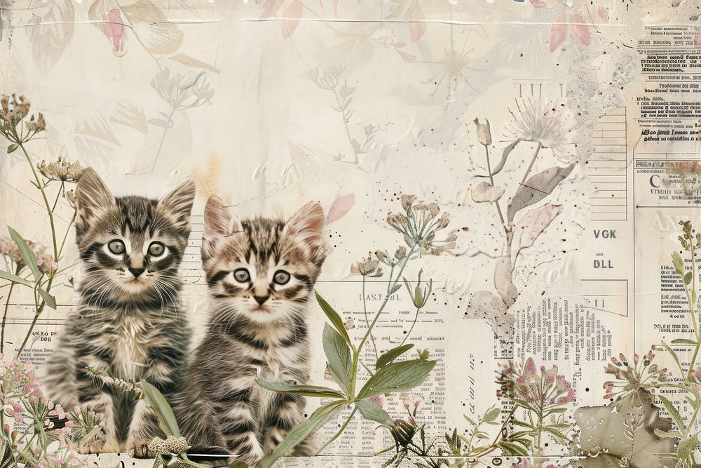 Cute kittens ephemera border drawing collage animal.