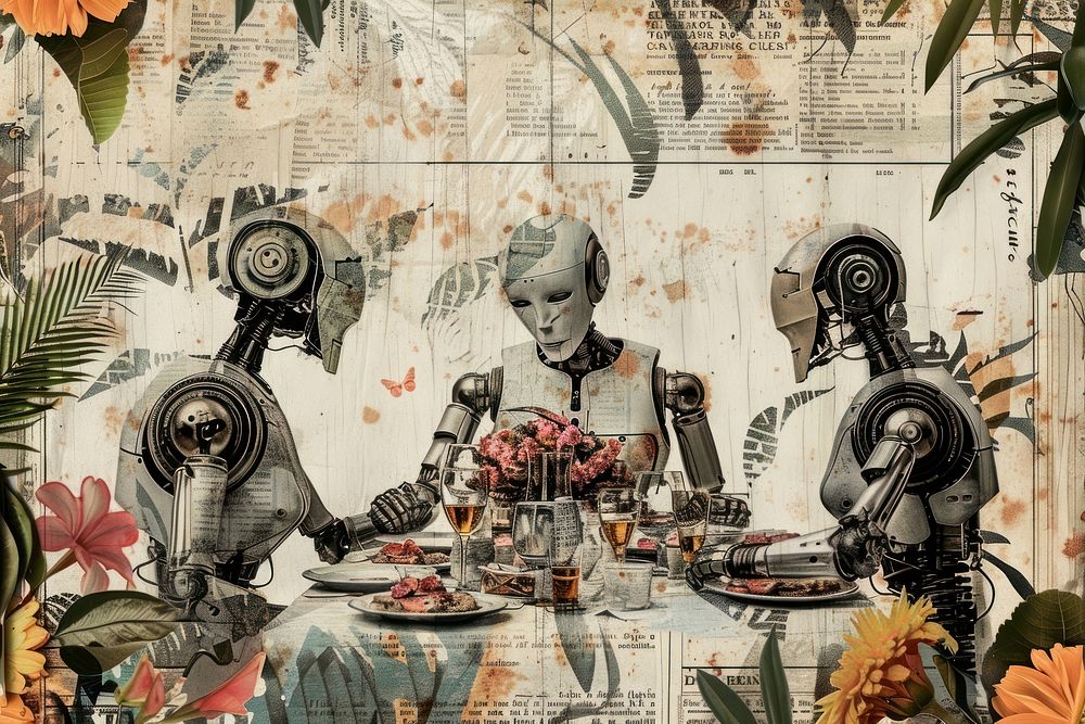Robots having a dinner party ephemera border painting food creativity.