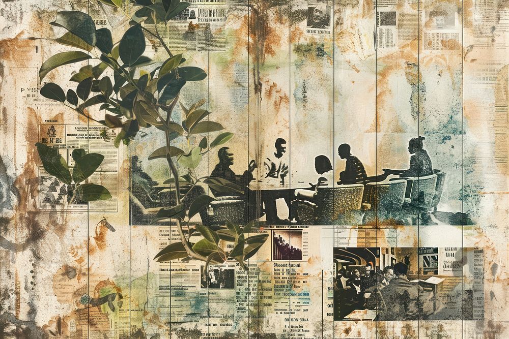 People in a movie theatre collage painting plant.