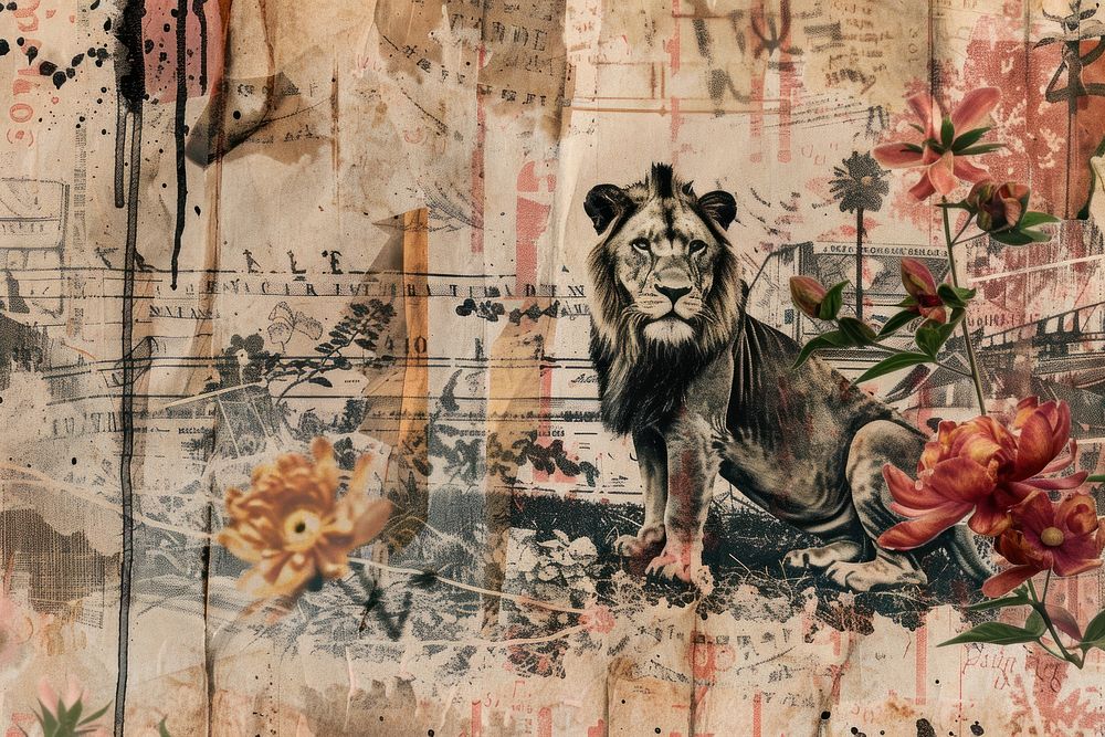Lion circus ephemera border backgrounds painting collage.