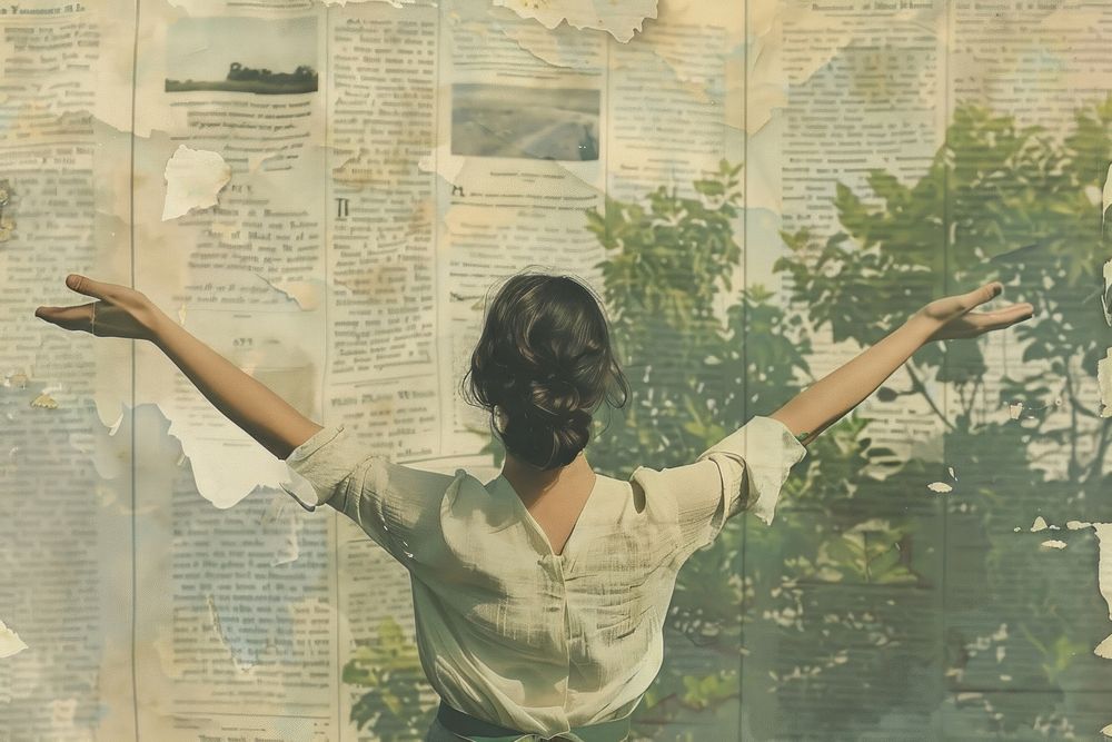 Woman arms stretched nature ephemera border newspaper text contemplation.