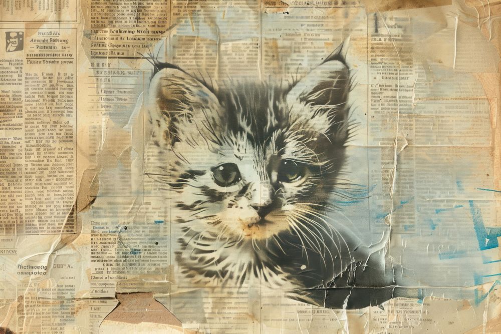 Cute kitten close up portrait ephemera border newspaper drawing animal.