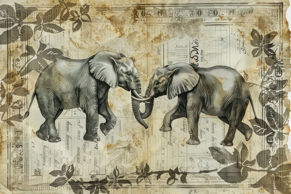 Two elephants dancing ephemera border wildlife drawing animal.