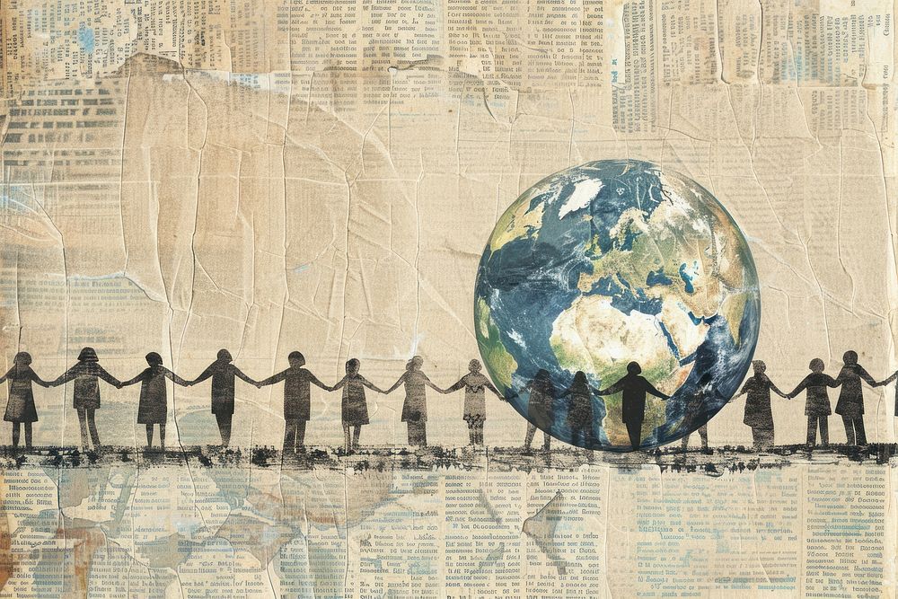 People holding hands around earth globe ephemera border space text architecture.