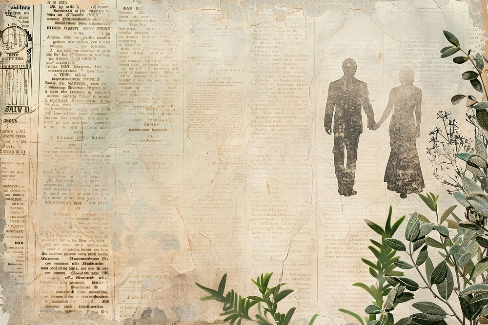 Couple holding hands ephemera border text newspaper drawing.