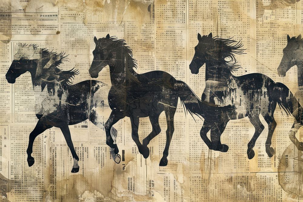 Japanese ink horses ephemera border backgrounds animal mammal.