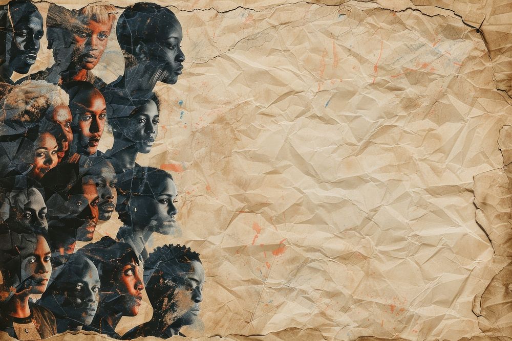 Crowd of diverse people black faces ephemera border paper backgrounds art.