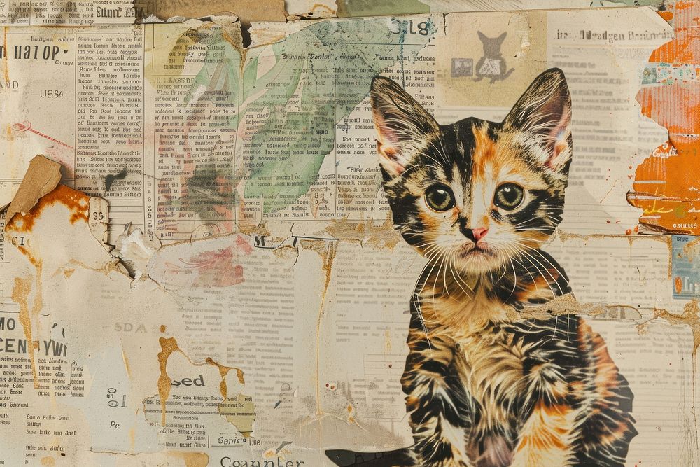 Rainbow kitten ephemera border collage backgrounds newspaper.