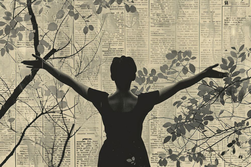 Woman arms stretched nature ephemera border silhouette plant text.