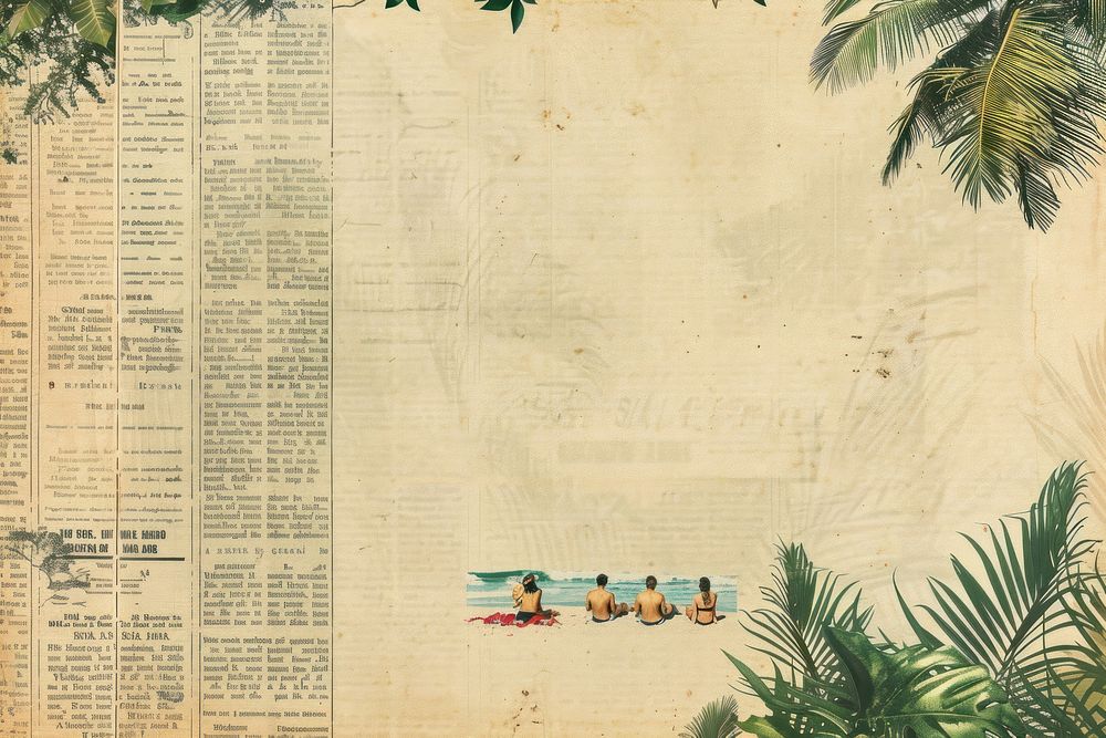 People beach sunbathing ephemera border newspaper text backgrounds.