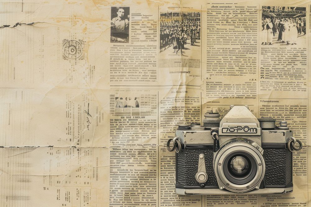 Vinatge camera with flash crowd ephemera border newspaper text backgrounds.