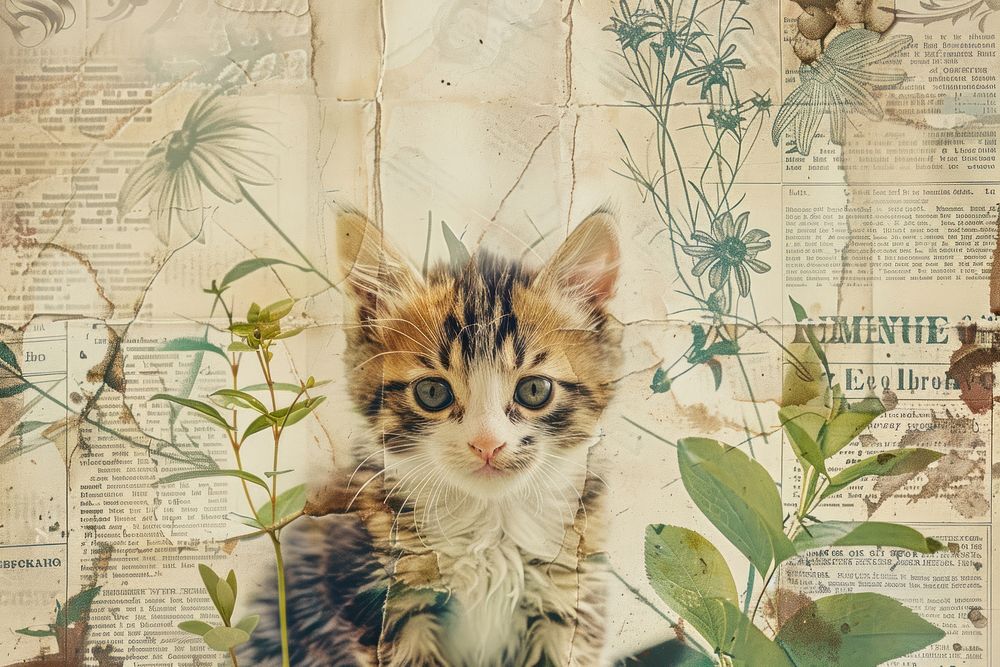 Cute kitten close up portrait ephemera border collage animal mammal.