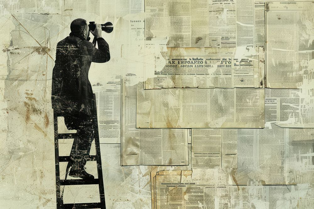 Vintage man binoculars ladder ephemera border drawing adult text.