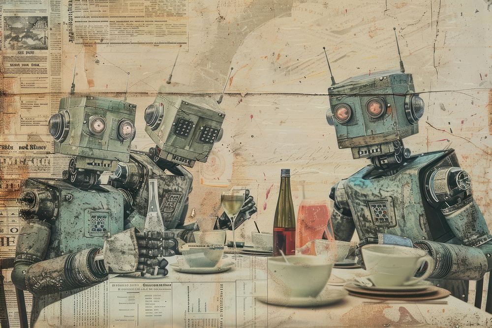 Robots having a dinner party ephemera border transportation technology painting.