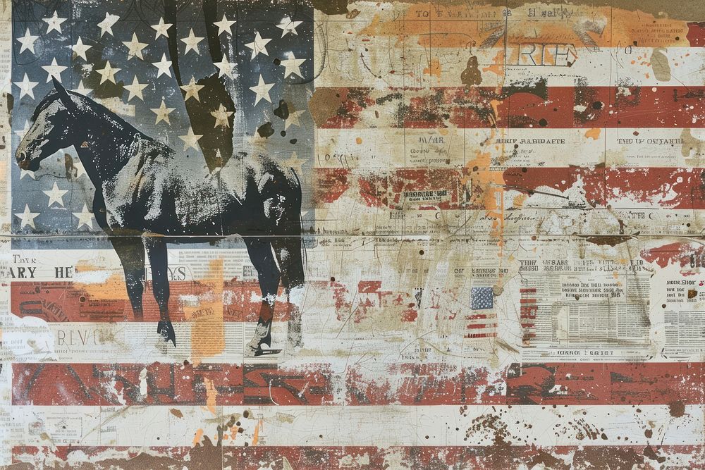 Woman horse large american flag ephemera border backgrounds painting collage.