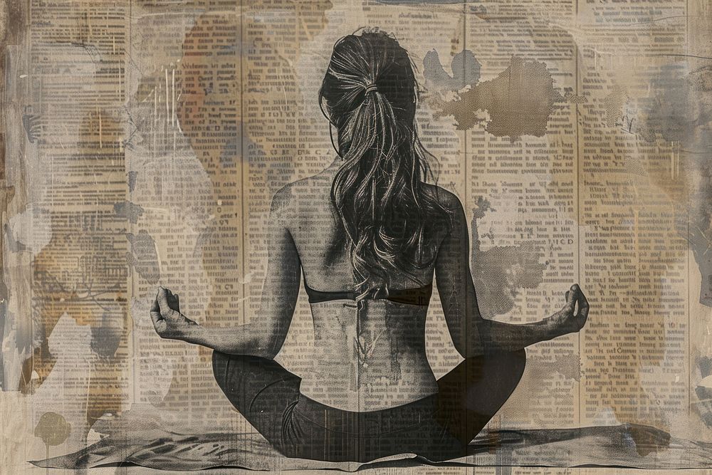 Woman meditating ephemera border drawing adult paper.
