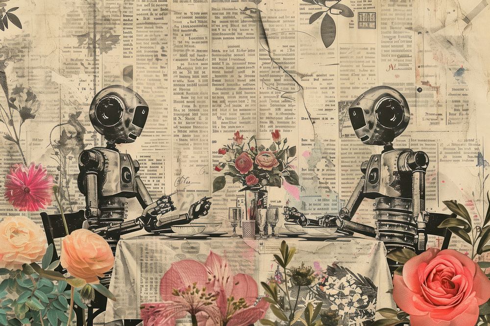 Robots having a dinner party ephemera border painting drawing collage.