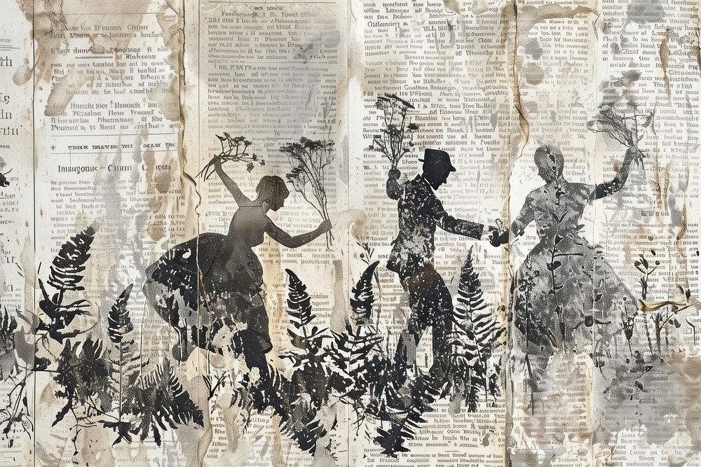 People dancing ephemera border collage newspaper drawing.