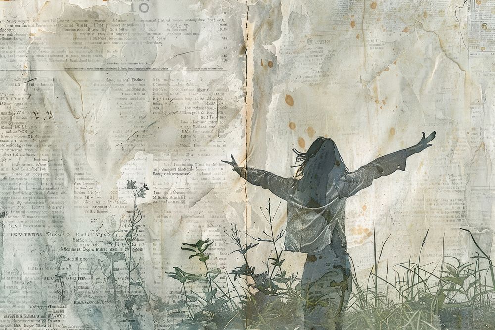 Woman arms stretched nature ephemera border drawing adult paper.