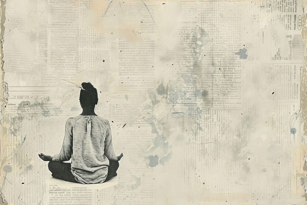 Woman meditating ephemera border newspaper drawing text.