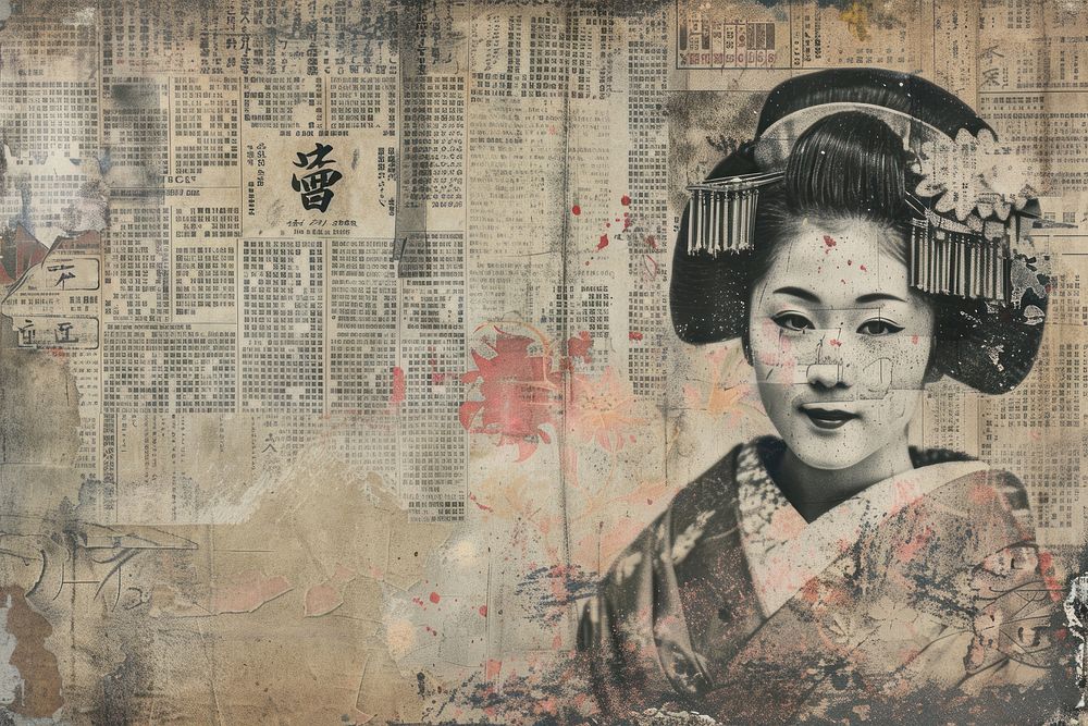 Japanese geisha ephemera border portrait painting collage.