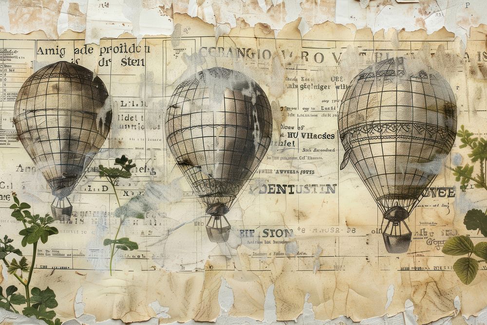 Hot air balloons ephemera border backgrounds newspaper transportation.