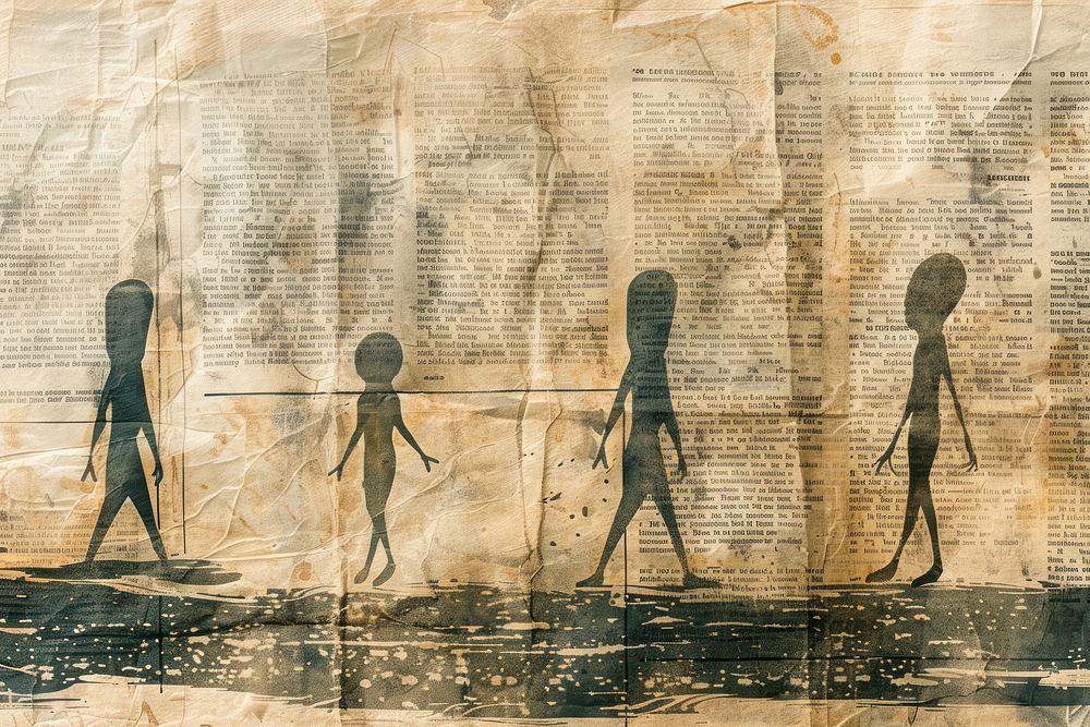 Aliens walking ephemera border text newspaper drawing.