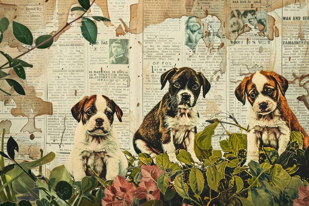 Cute puppies playing ephemera border painting collage animal.