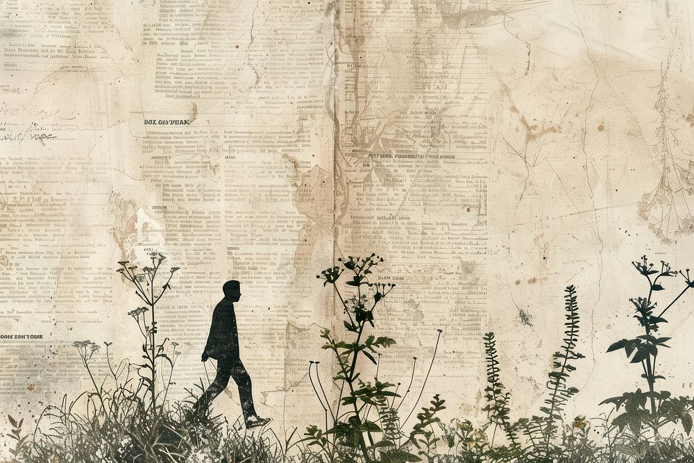 Mysterious man walking nature silhouette ephemera border paper text architecture.