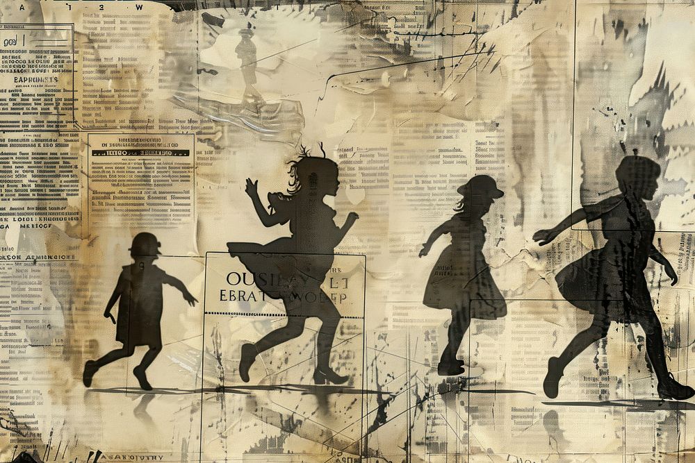 Children dancing ephemera border silhouette drawing collage.