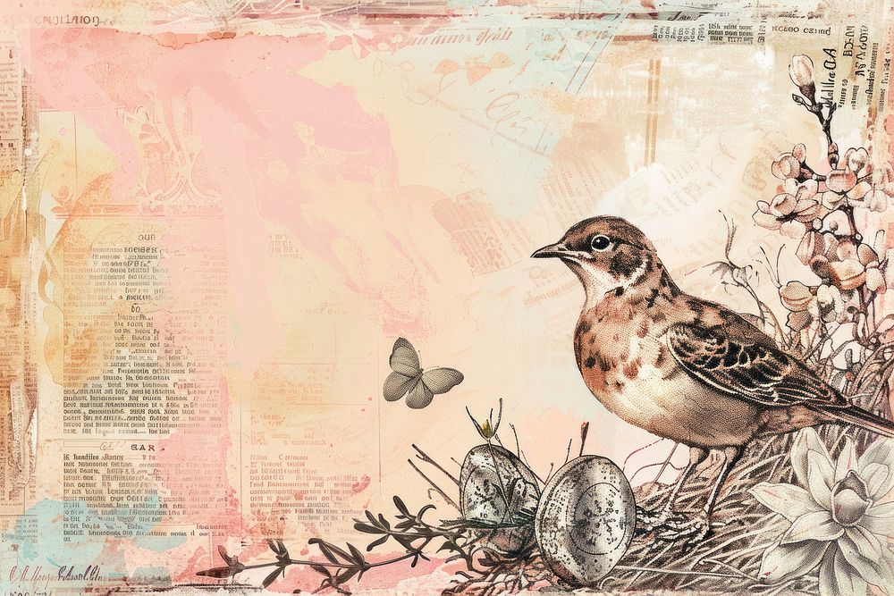 Easter scene ephemera border sparrow drawing animal.