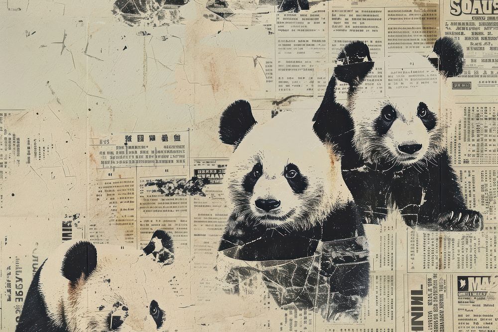 Cute pandas ephemera border backgrounds newspaper drawing.