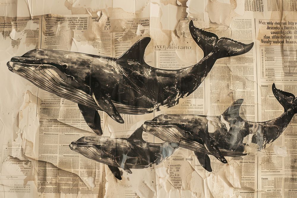 Whales jumping ephemera border newspaper drawing animal.