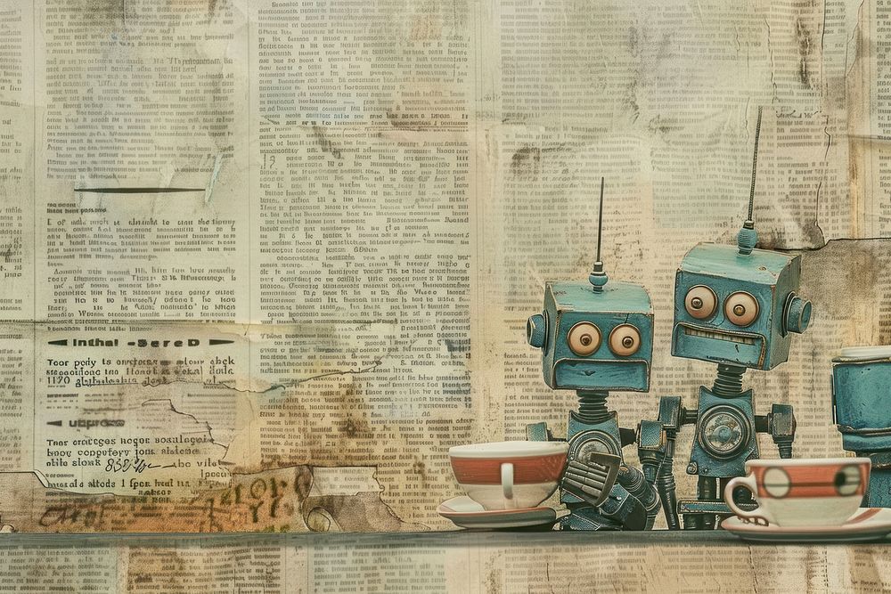 Robots tea party ephemera border newspaper text representation.