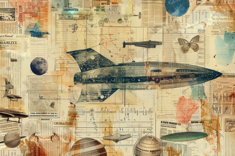 Space ship ephemera border backgrounds aircraft collage.