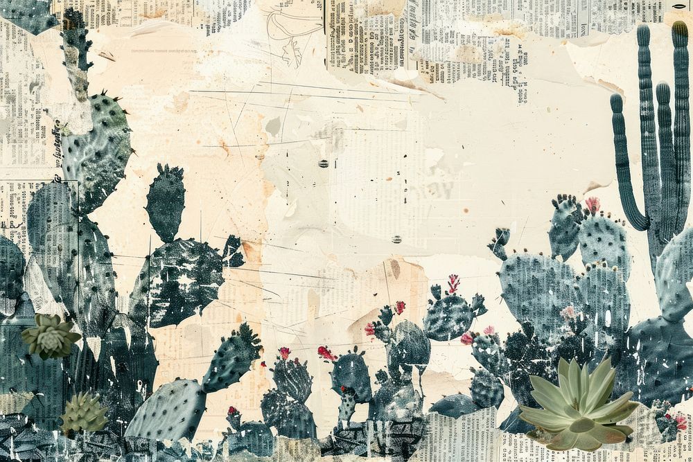 Cactus ephemera border backgrounds painting collage.