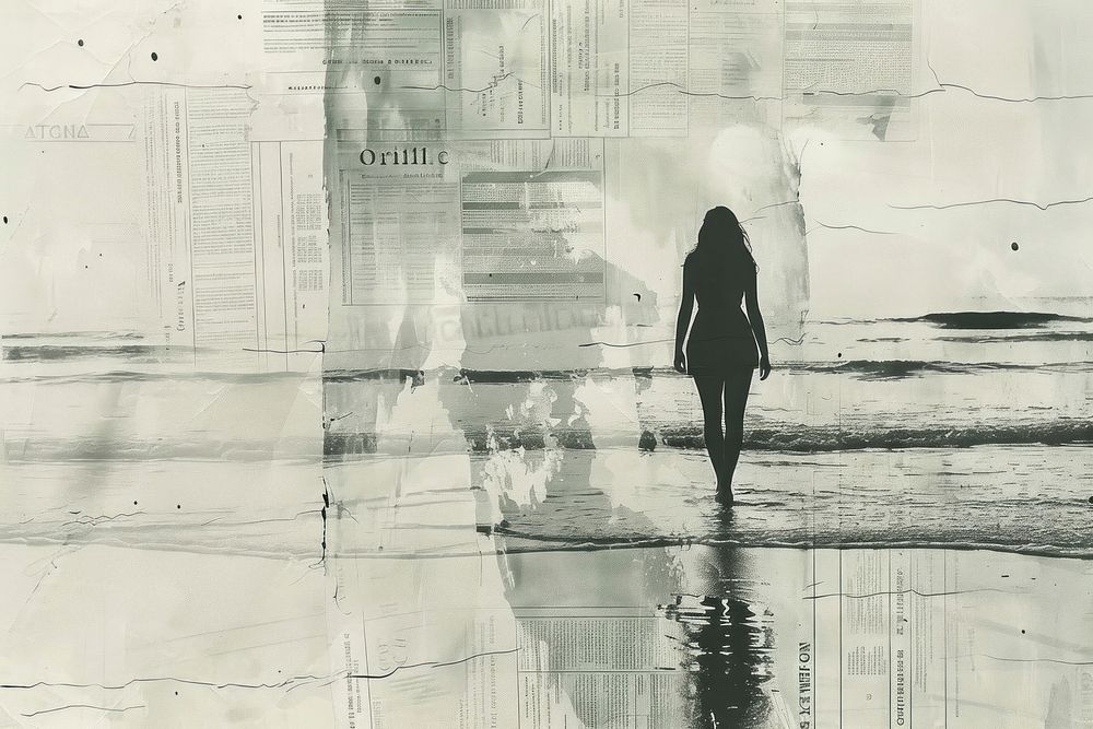 Woman alone walking beach ephemera border backgrounds silhouette drawing.
