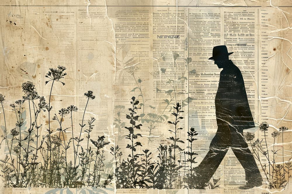 Mysterious man walking nature silhouette ephemera border newspaper drawing adult.