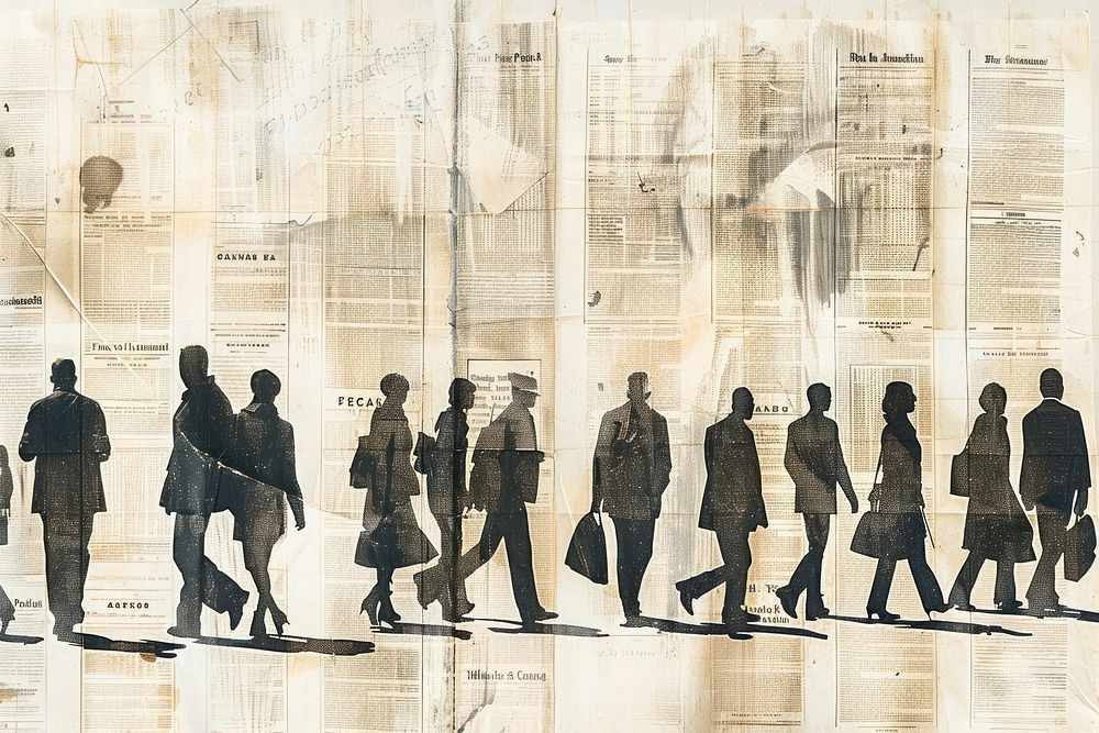 Business people commuting ephemera border backgrounds silhouette newspaper.
