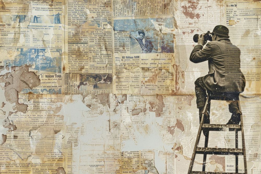 Vintage man binoculars ladder ephemera border backgrounds newspaper collage.
