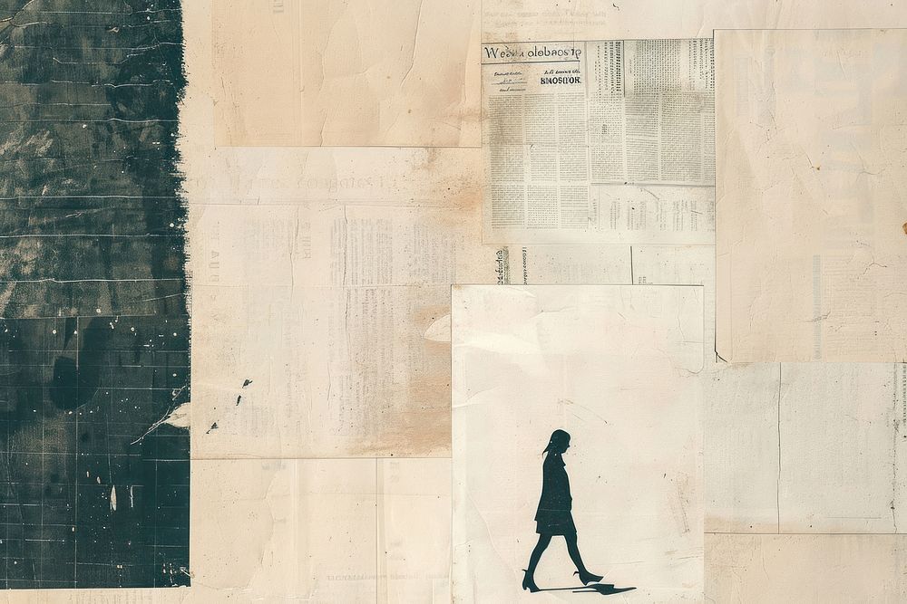 Woman alone walking ephemera border backgrounds newspaper drawing.