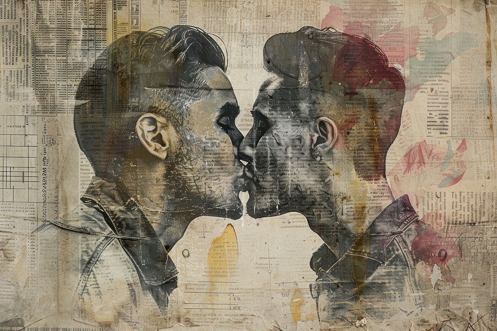 Gay men kissing ephemera border painting drawing art.