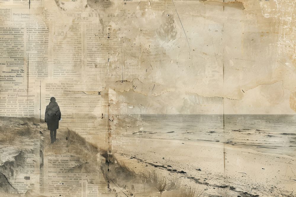 Person alone walking beach ephemera border drawing paper text.